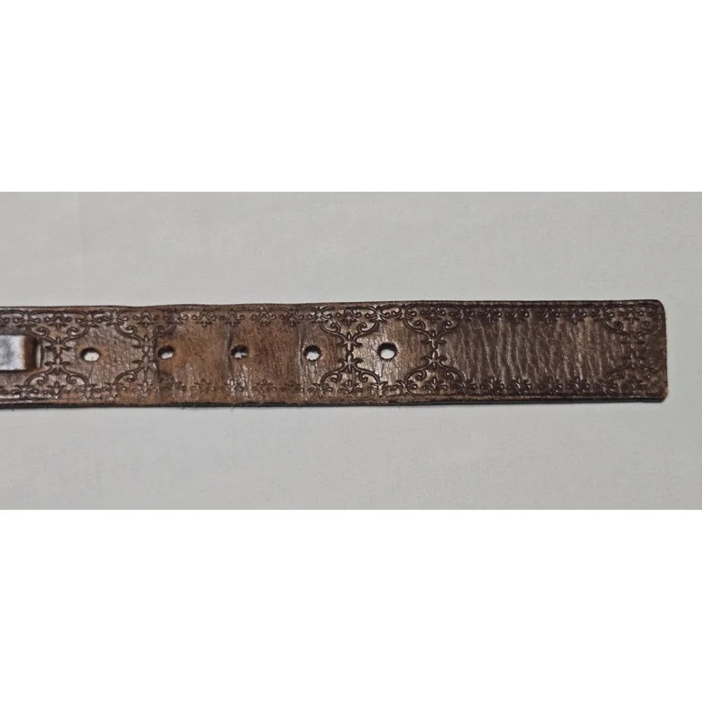 Vtg Genuine Soft Leather Brown Embossed Belt Bronze Buckle 34-38